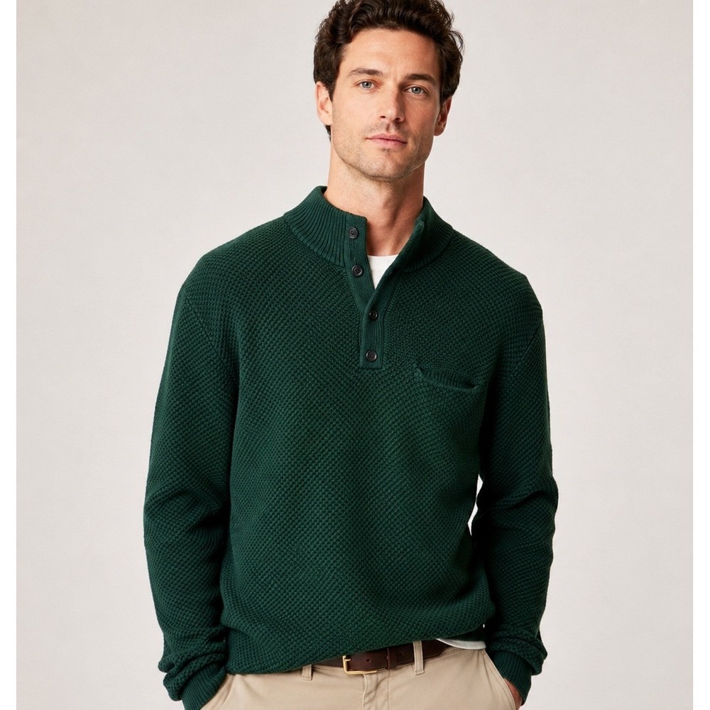 J.Crew Men's Textured‎ Cotton Henley Sweater Green Preppy Heritage Knit M